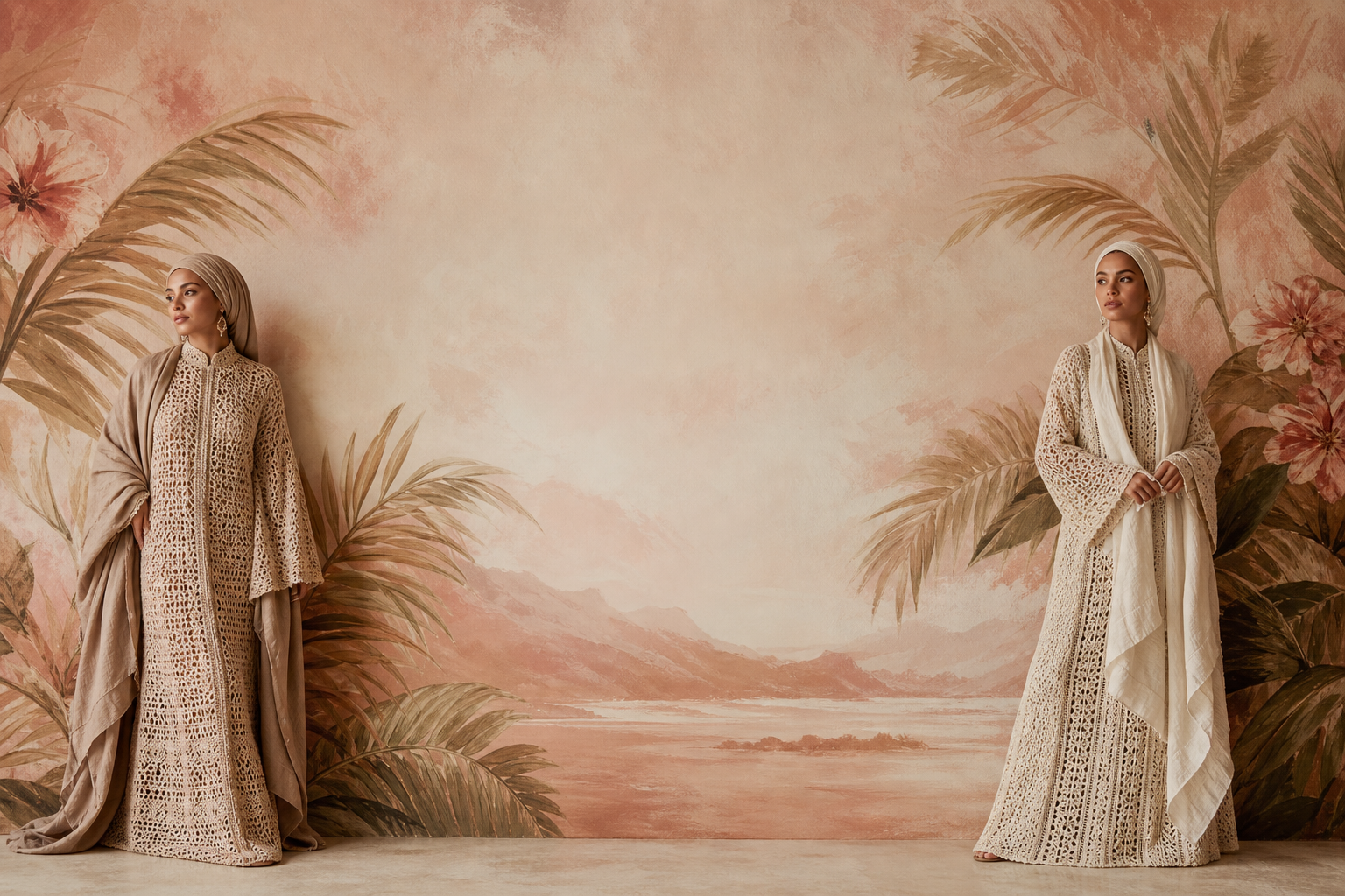 Two women in long handcrafted kaftans against a painted tropical backdrop