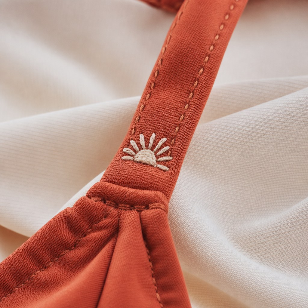 Macro detail of hand-stitched swimwear strap